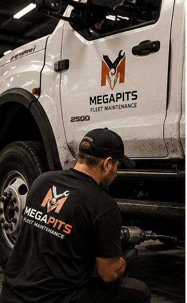 MegaPits technician performing mobile fleet maintenance on a commercial truck in Central Florida